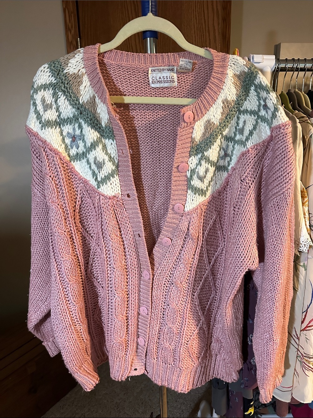 Vintage Hand knit Expressions Pink Cable Knit Cardigan with Patterned Yoke